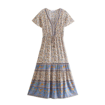Blooming Meadow Boho Floral Print Midi Dress