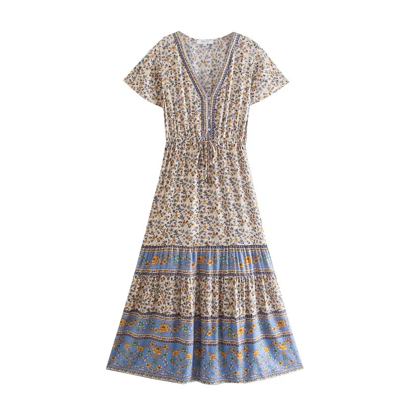 Blooming Meadow Boho Floral Print Midi Dress