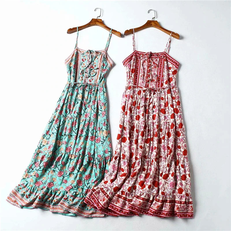 Ocean Jewel Boho Floral Print Midi Dress