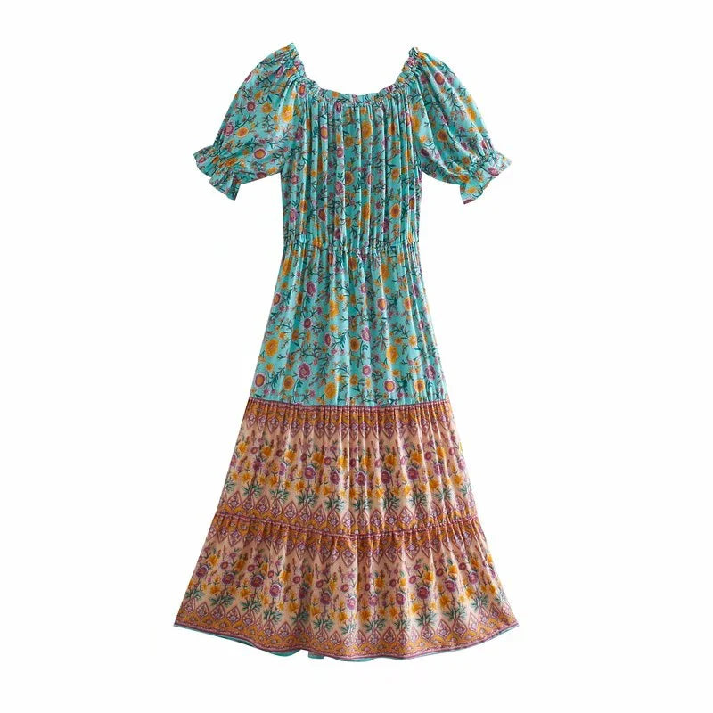 Serene Teal Boho Floral Print Midi Dress
