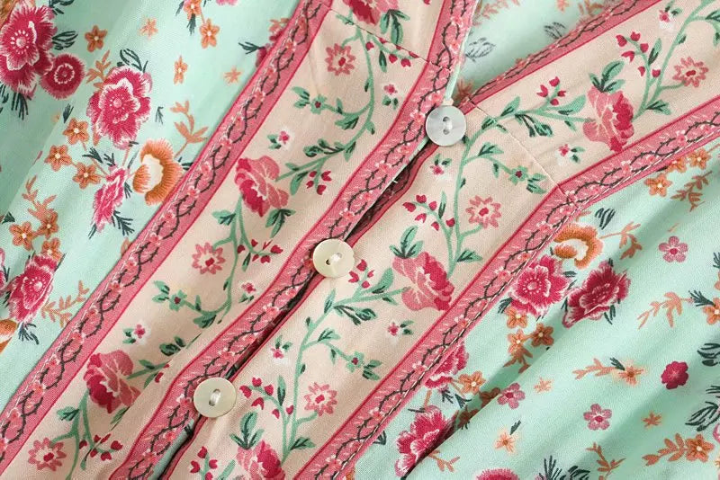 Mint Rosebud Boho Floral Print Maxi Dress