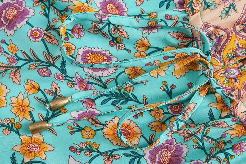 Teal Bloom Boho Floral Print Midi Dress