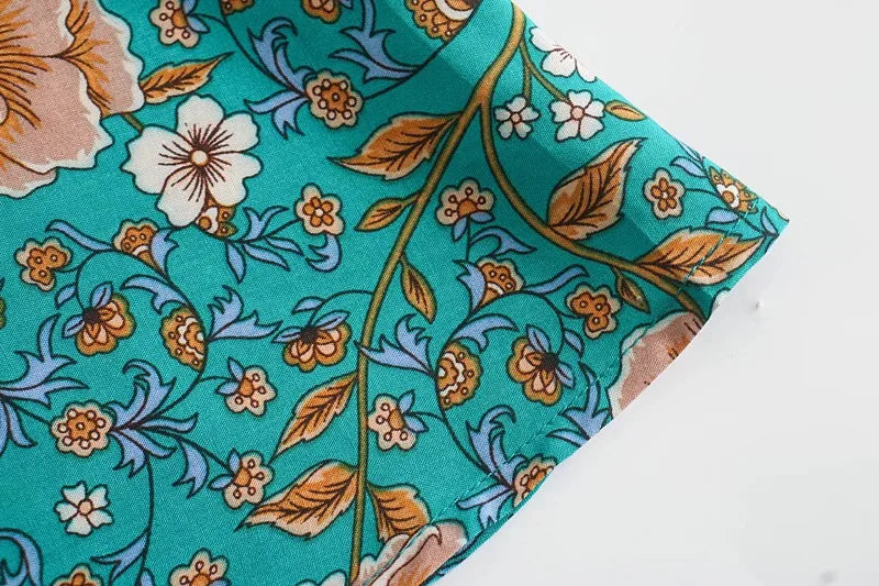 Jade Garden Boho Floral Print Mini Dress