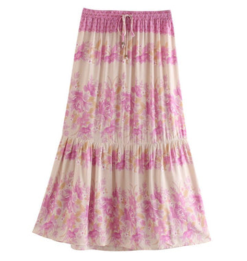 Pink Lovebird Boho Floral Print Midi Skirt