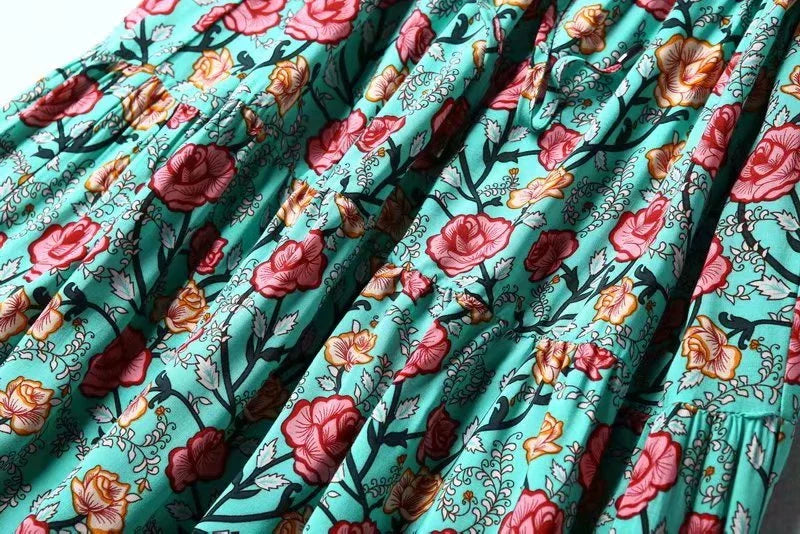 Ocean Jewel Boho Floral Print Midi Dress