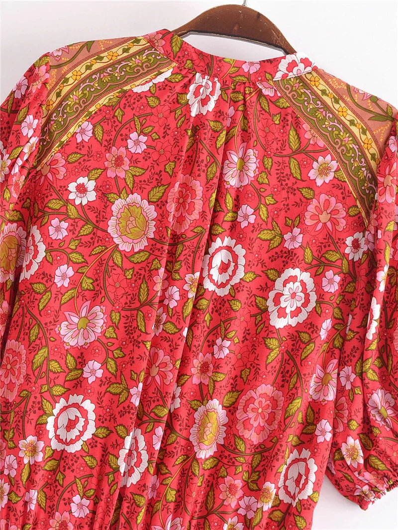 Strawberry Rose Boho Floral Print Midi Dress