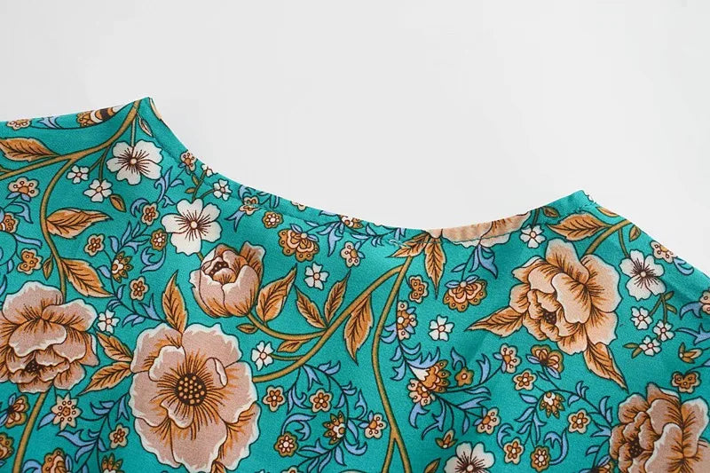 Jade Garden Boho Floral Print Mini Dress