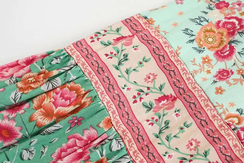 Mint Rosebud Boho Floral Print Midi Skirt