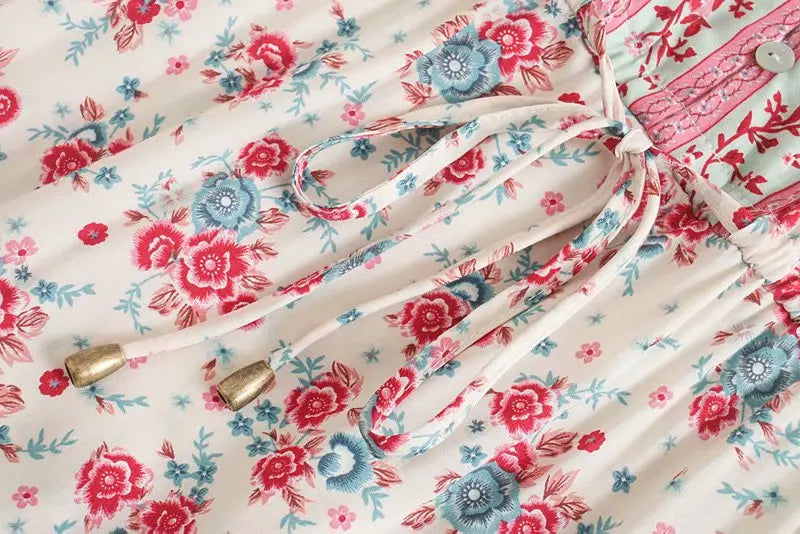 Red Rosebud Boho Floral Print Maxi Dress