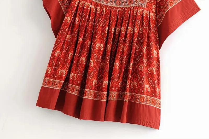 Rustic Red Boho Floral Babydoll Mini Dress