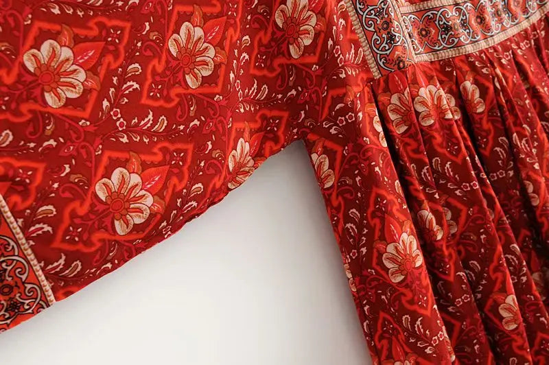 Rustic Red Boho Floral Babydoll Mini Dress