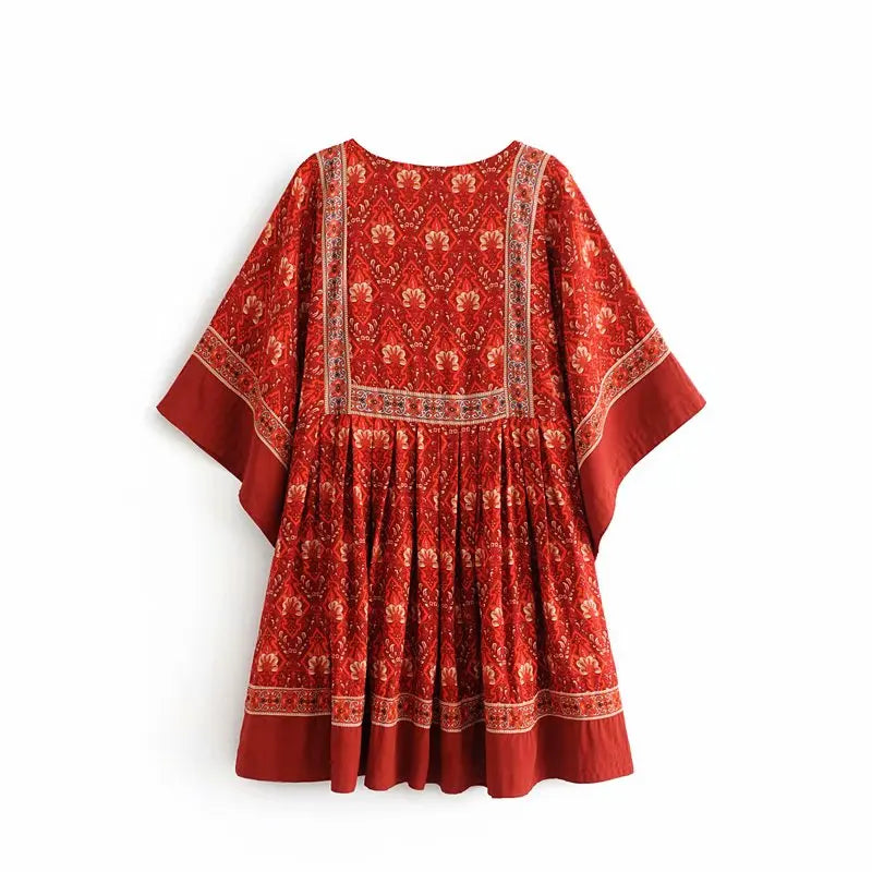 Rustic Red Boho Floral Babydoll Mini Dress