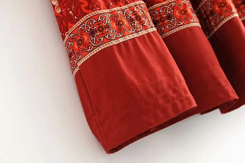Rustic Red Boho Floral Babydoll Mini Dress