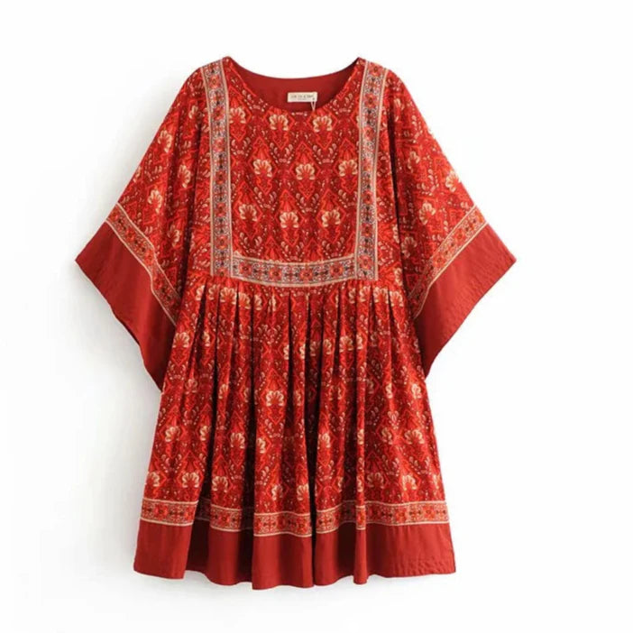 Rustic Red Boho Floral Babydoll Mini Dress