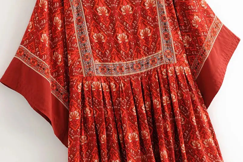 Rustic Red Boho Floral Babydoll Mini Dress