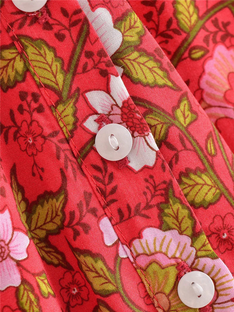Strawberry Rose Boho Floral Print Midi Dress