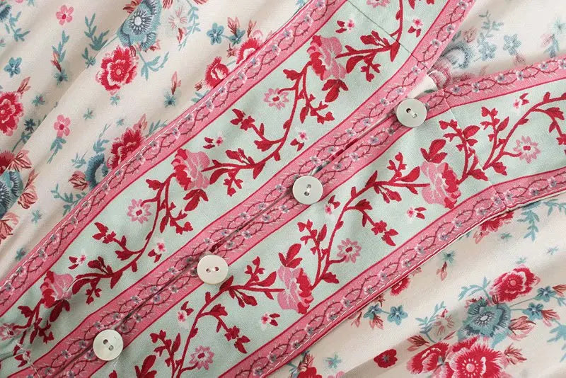 Red Rosebud Boho Floral Print Maxi Dress