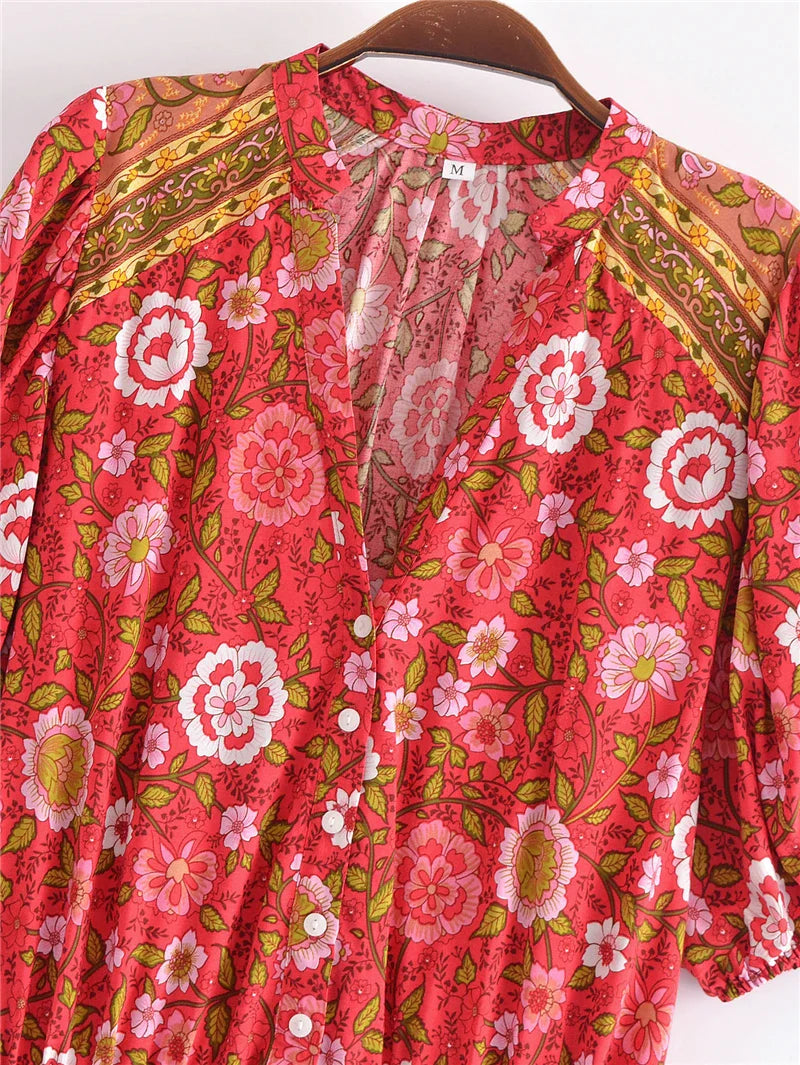 Strawberry Rose Boho Floral Print Midi Dress