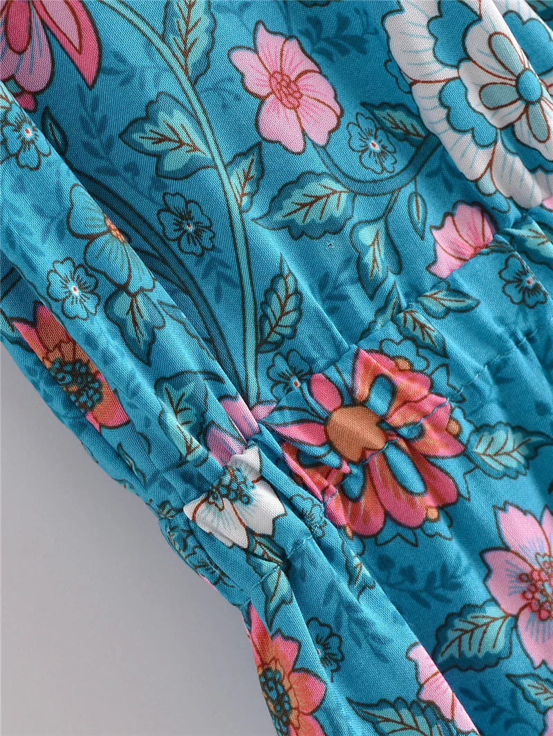 Blue Bouquet Boho Floral Print Midi Dress