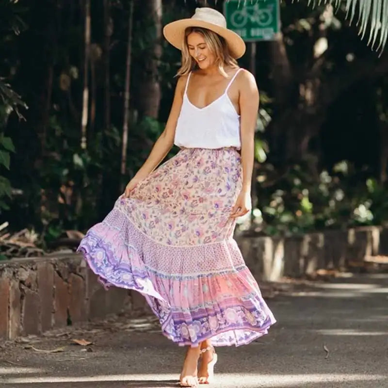 Lavender Falls Floral Print Boho Maxi Skirt