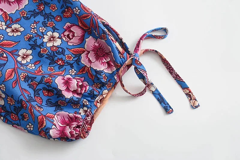 Sapphire Garden Boho Floral Print Mini Dress