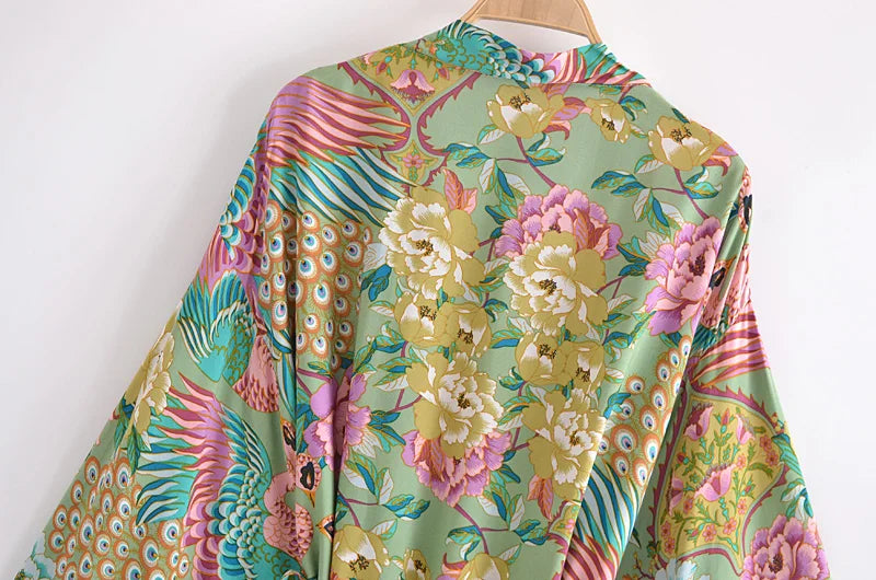 Jade Peacock Boho Floral Print Short Robe