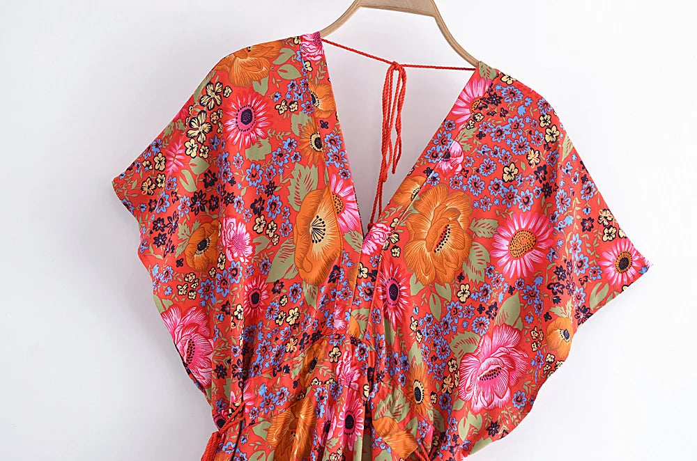 Calypso Berry Floral Boho Floral Print Midi Dress