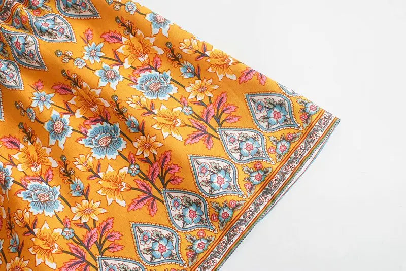 Sunset Bloom Boho Floral Print Midi Dress