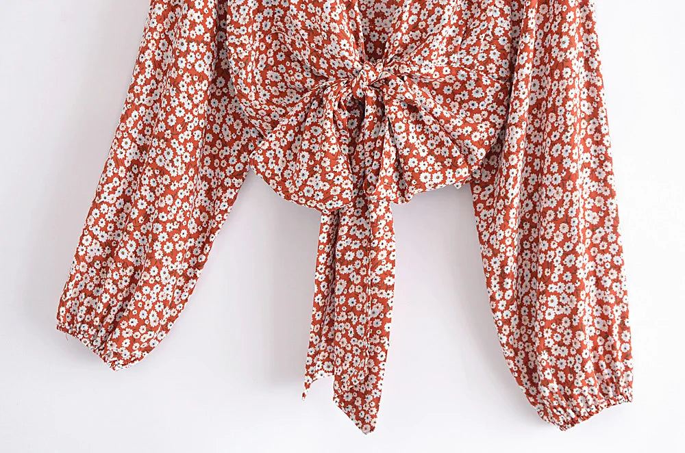 Poppy Bloom Boho Floral Print Long Sleeve Crop Top