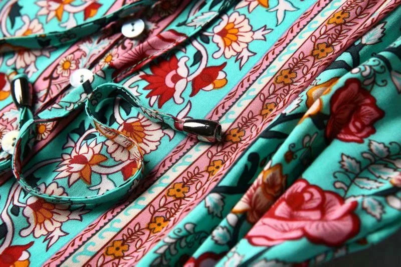 Ocean Jewel Boho Floral Print Midi Dress