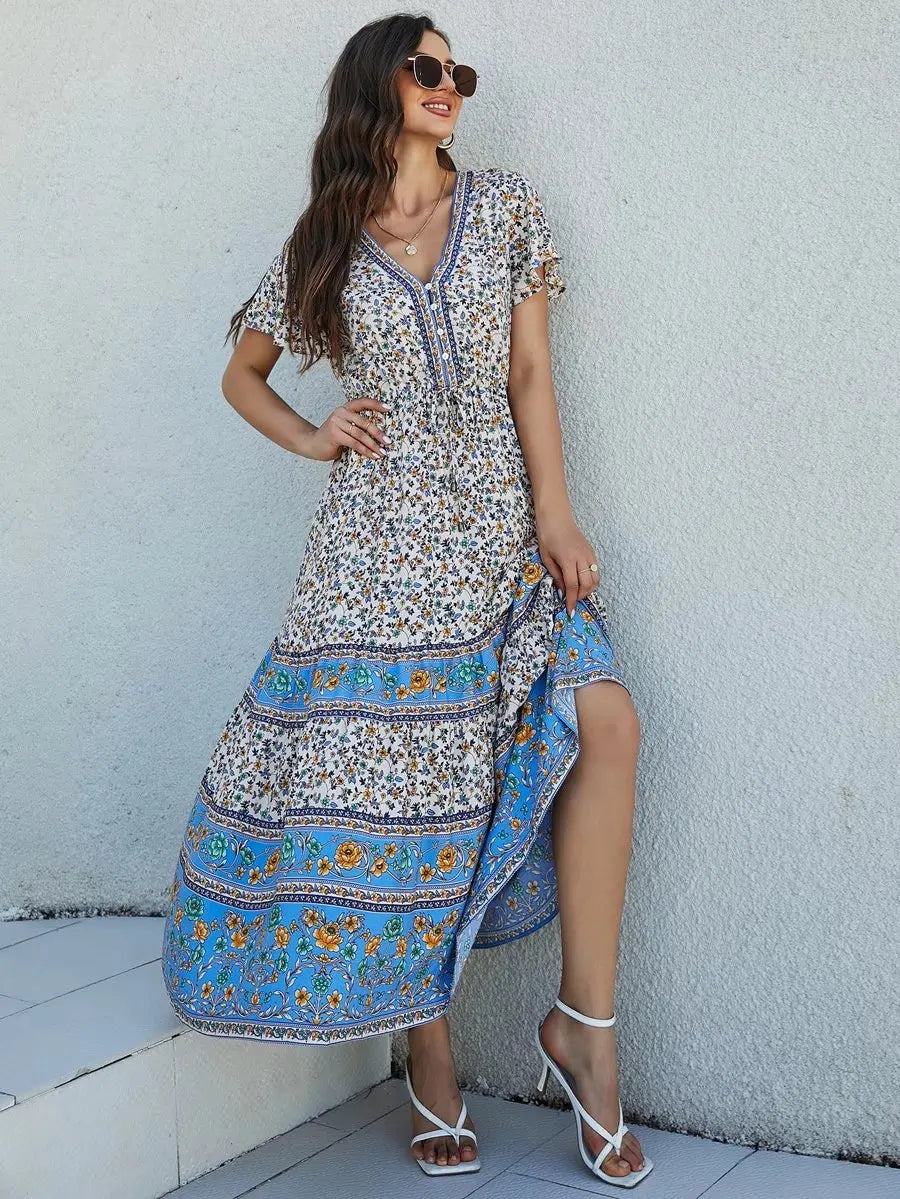Blooming Meadow Boho Floral Print Midi Dress