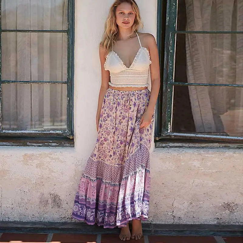 Lavender Falls Floral Print Boho Maxi Skirt