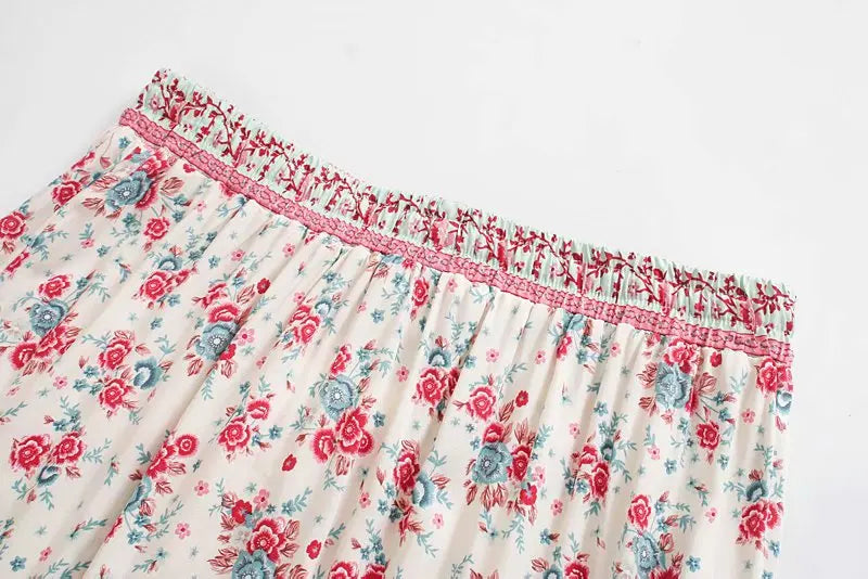 Red Rosebud Boho Floral Print Midi Skirt