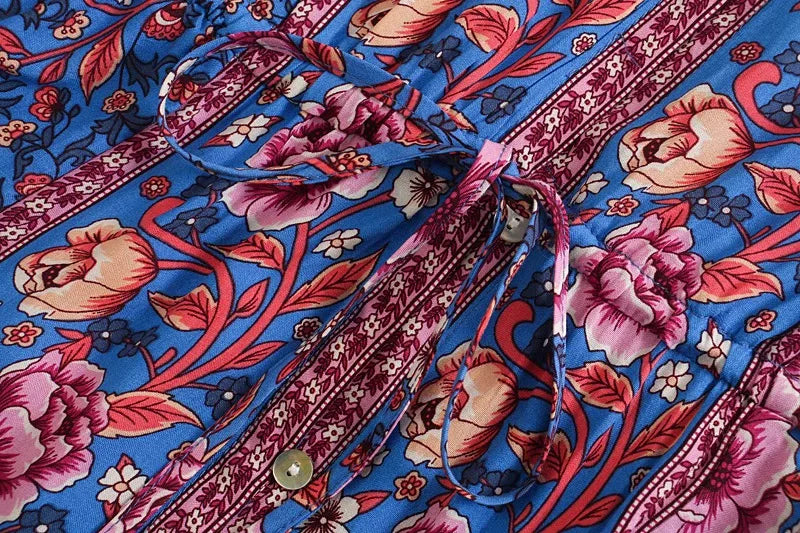 Sapphire Garden Boho Floral Print Mini Dress