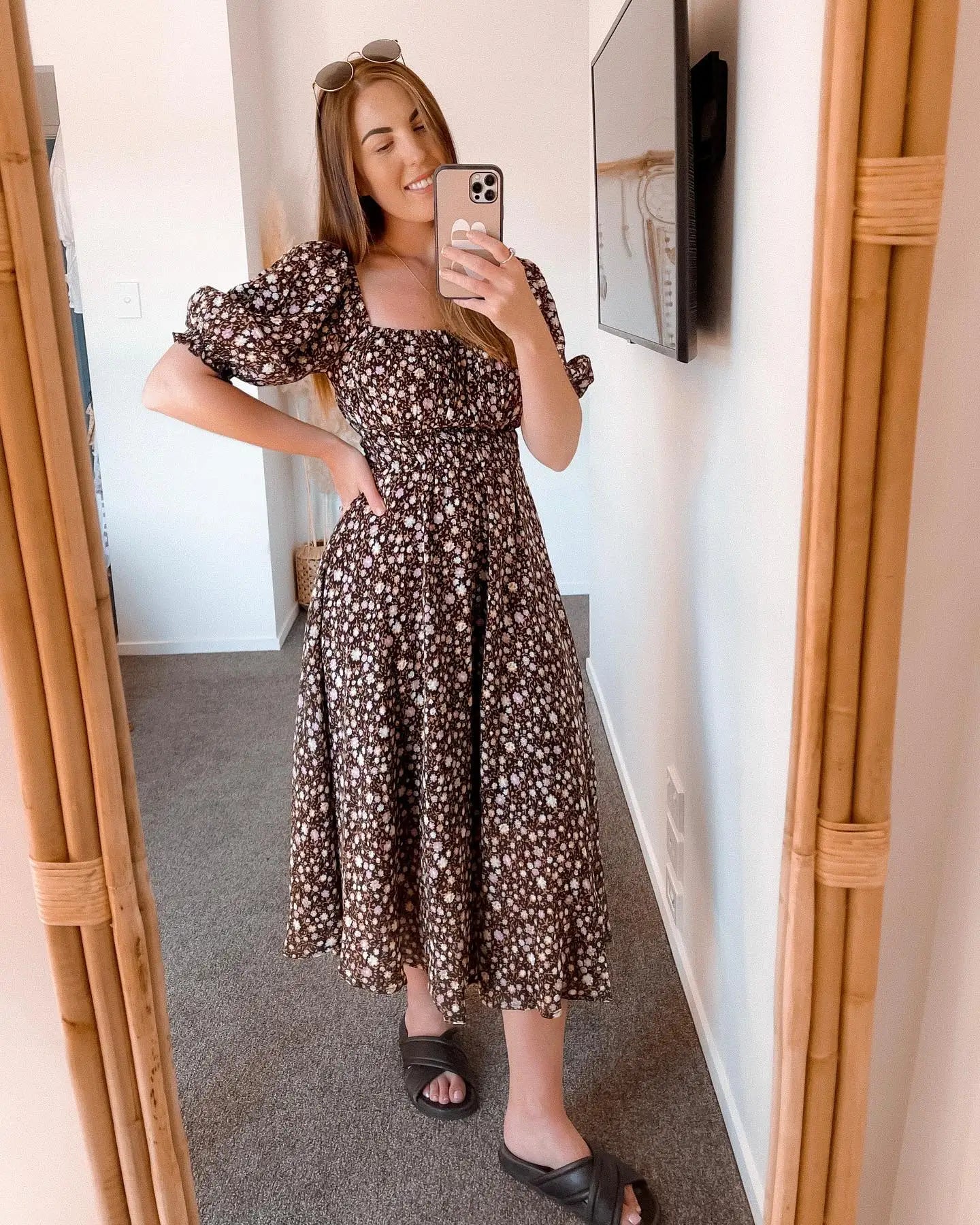 Wild Lavender Boho Floral Print Midi Dress