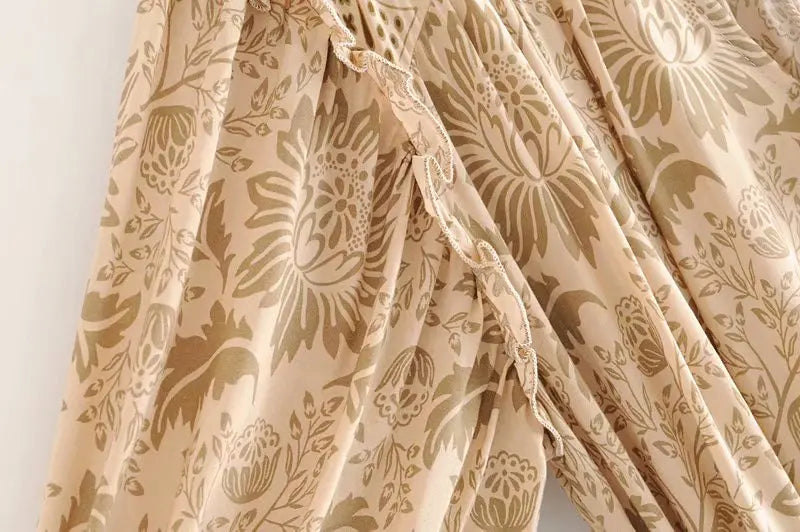 Desert Khaki Boho Floral Print Mini Dress