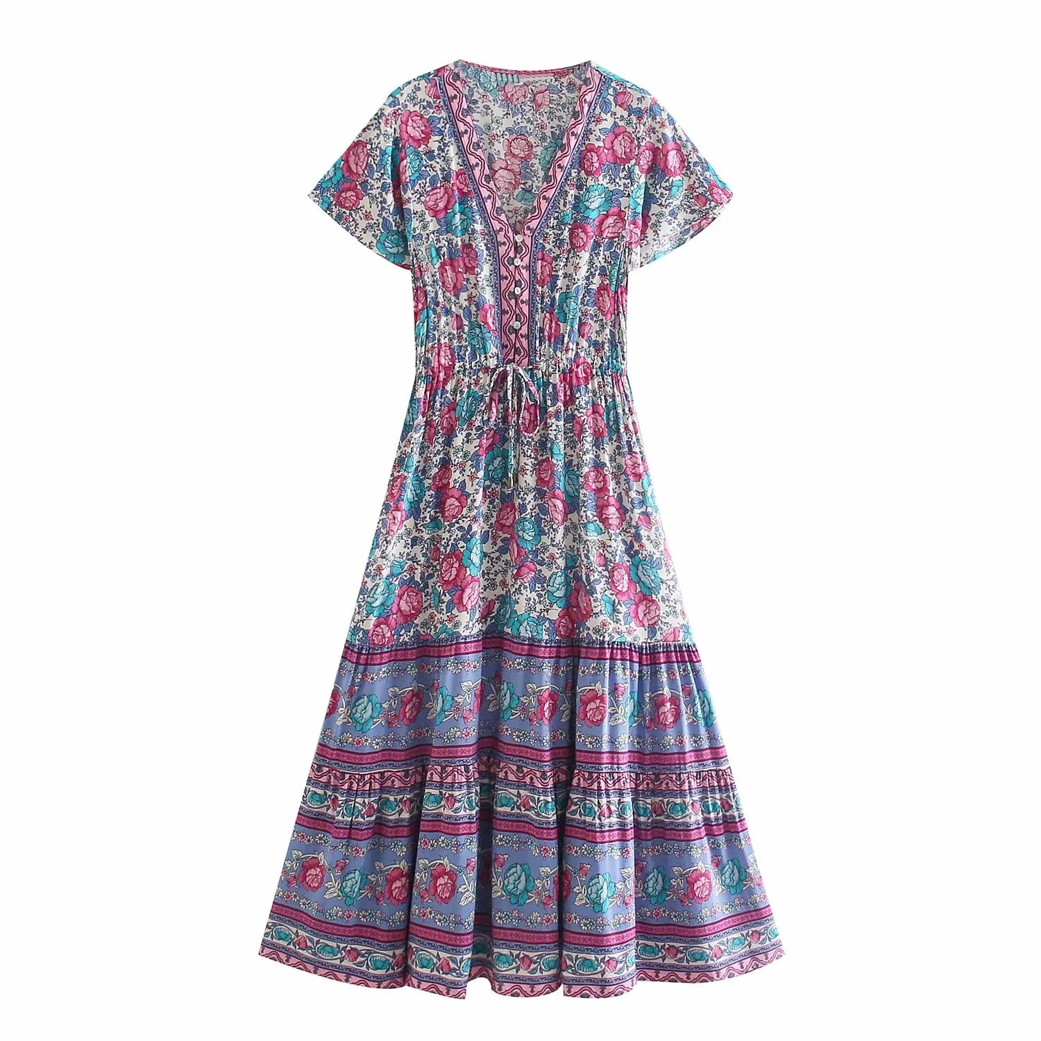 Rose Bloom Boho Floral Print Midi Dress