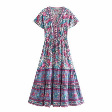 Rose Bloom Boho Floral Print Midi Dress