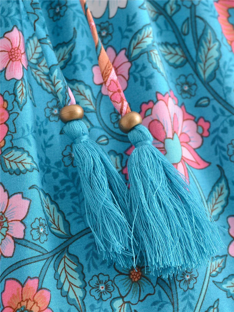 Blue Bouquet Boho Floral Print Midi Dress