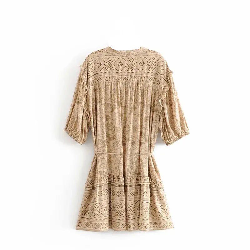 Desert Khaki Boho Floral Print Mini Dress