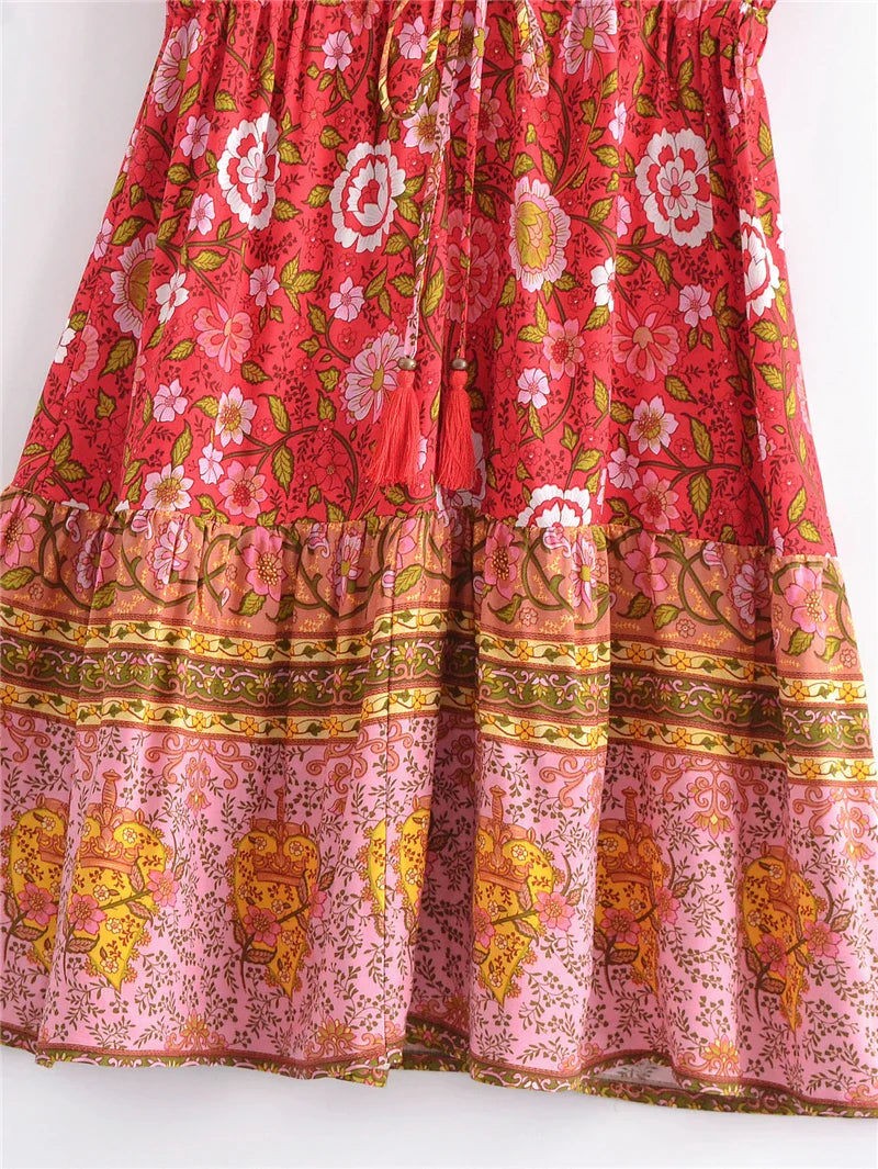Strawberry Rose Boho Floral Print Midi Dress