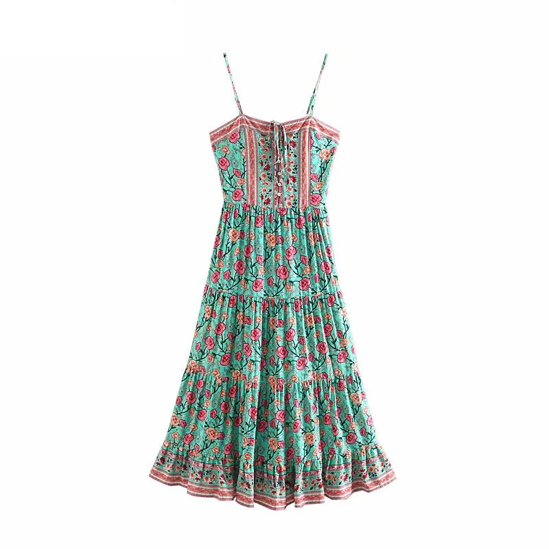Ocean Jewel Boho Floral Print Midi Dress