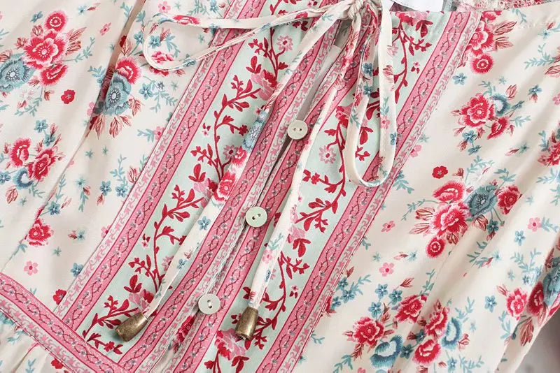 Red Rose Garden Boho Floral Print Maxi Dress