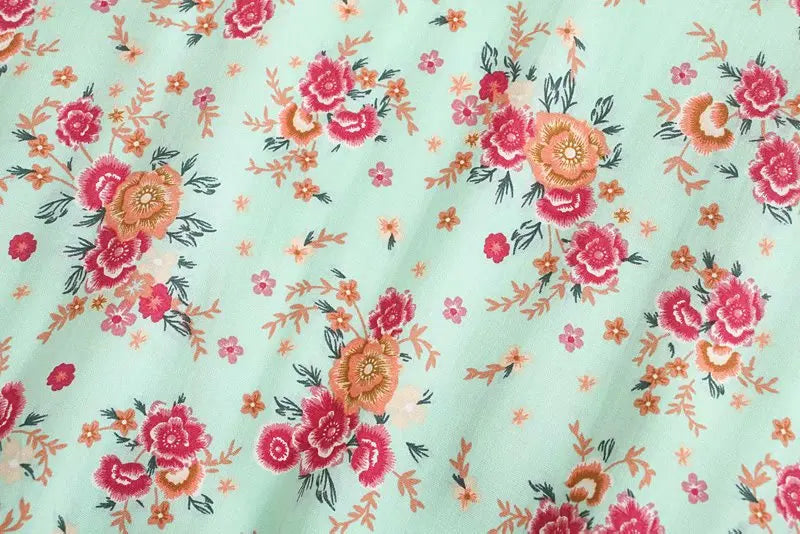Mint Rosebud Boho Floral Print Maxi Dress