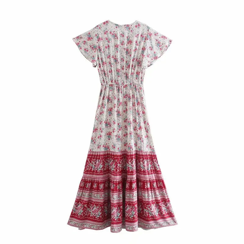 Red Rosebud Boho Floral Print Maxi Dress