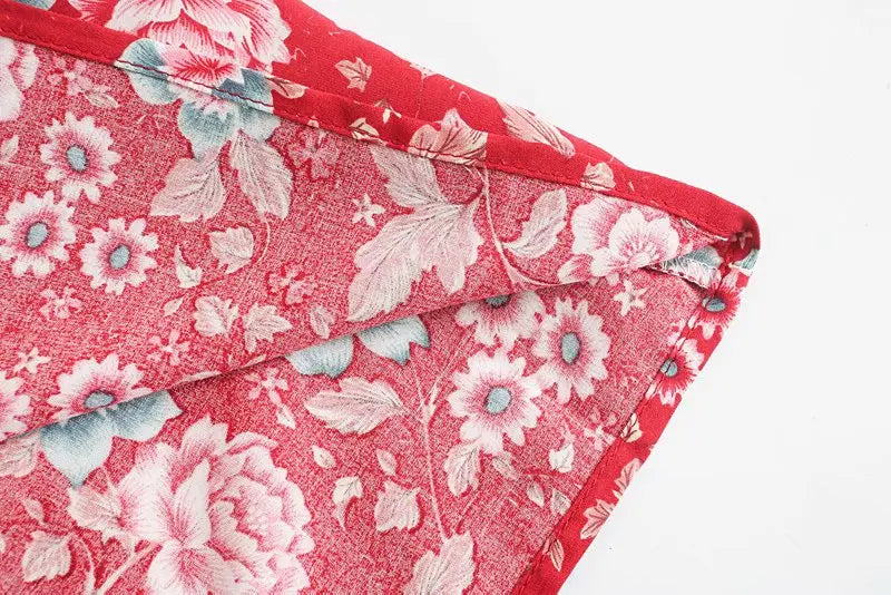Red Rosebud Boho Floral Print Midi Skirt
