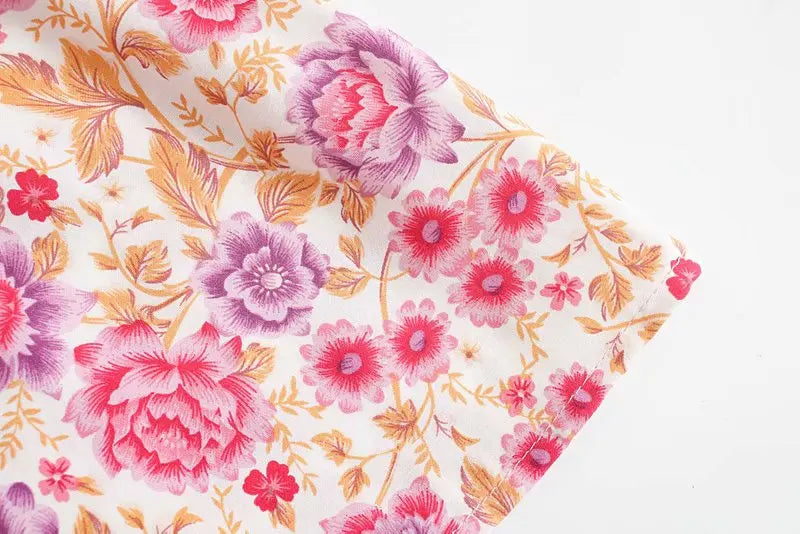 Pink Rosebud Boho Floral Print Midi Skirt