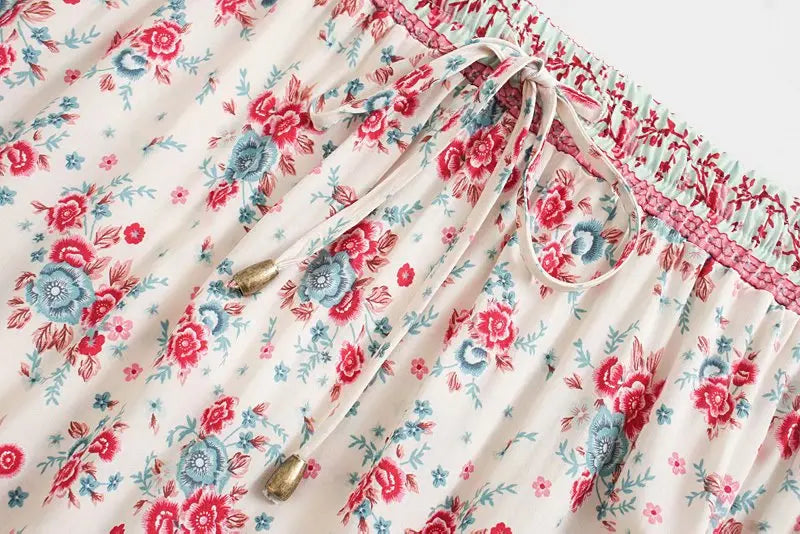 Red Rosebud Boho Floral Print Midi Skirt