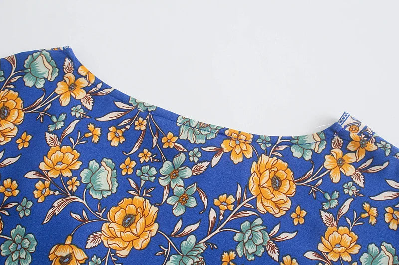 Sapphire Meadow Boho Floral Print Midi Dress
