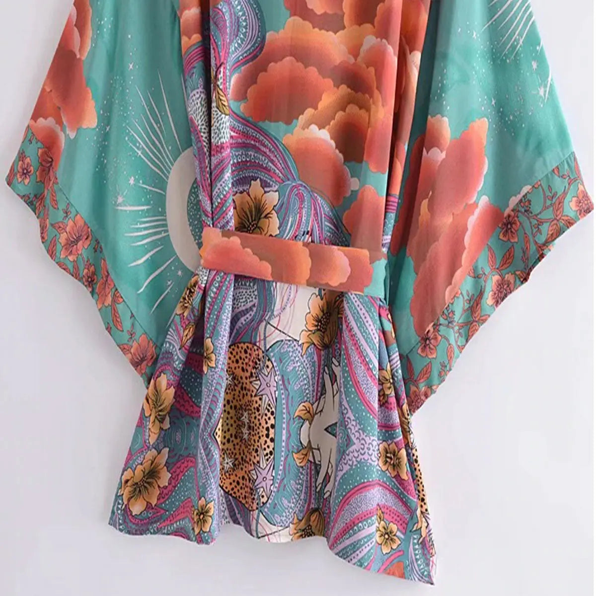 Moonstruck Teal Goddess Boho Kimono Short Robe